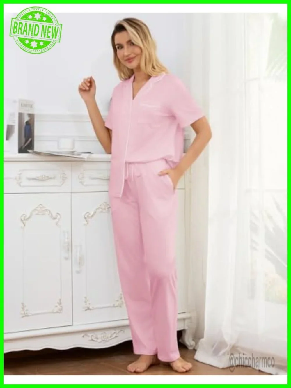 Soft Pajama Sets 4 Pcs Button Down Top and Pants Cami Ruffle Shorts Lounge Sets